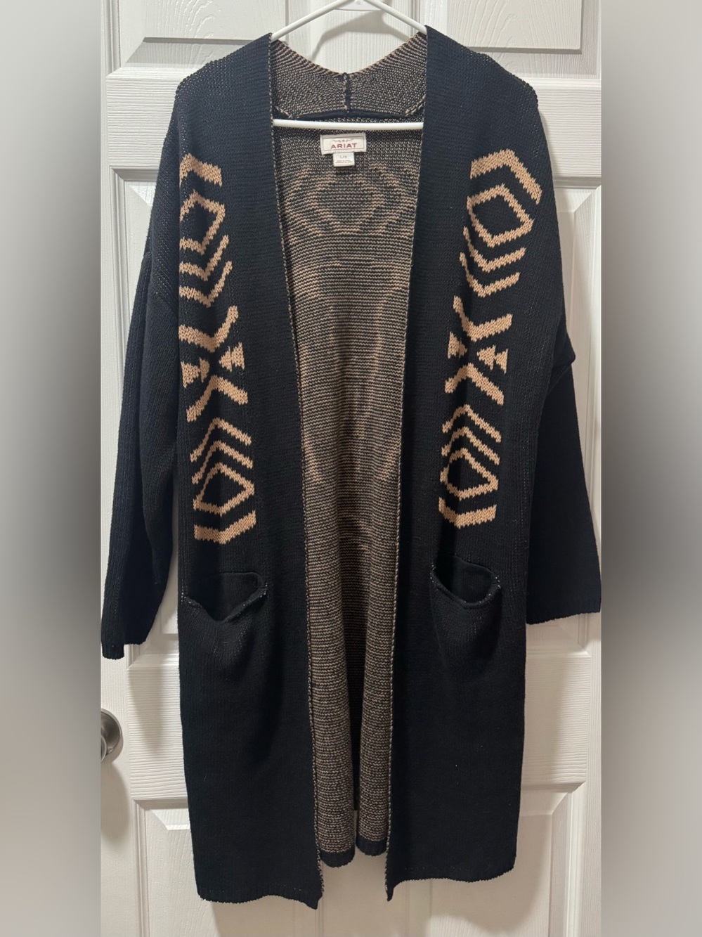 Ariat Black Open-Front Cardigan with Tan Geometric Trim